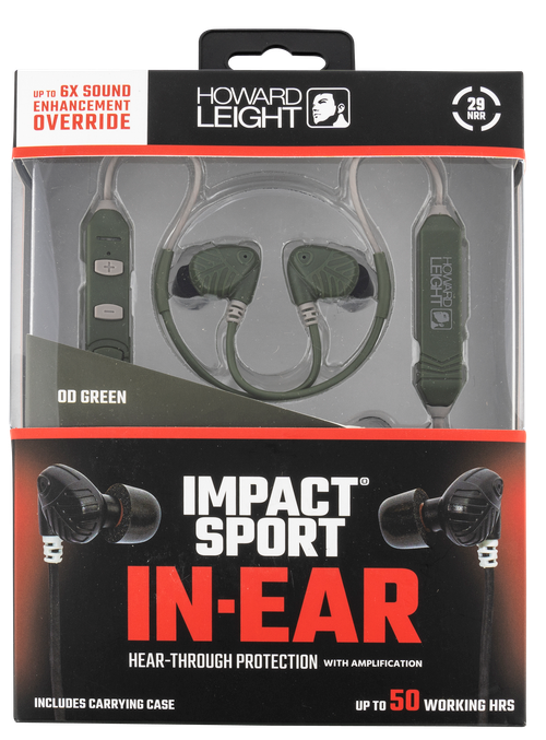 Howard Leight Impact Sport, In-Ear, Ear Plug, Realistic Hear-Through Audio, 85dB Sound Compression, USBVC Rechargeable Battery, Run-Time of 50 Working Hours, Olive Drab Green