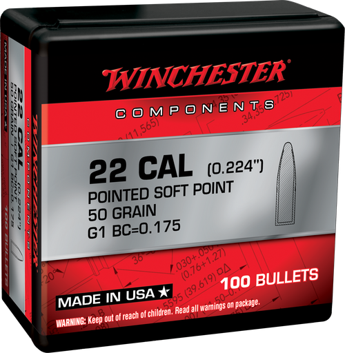 Winchester 222 Remington .224 50gr, Pointed Soft Point (PSP) 100 Per Box,NOT AMMO THESE ARE RELOADING BULLETS