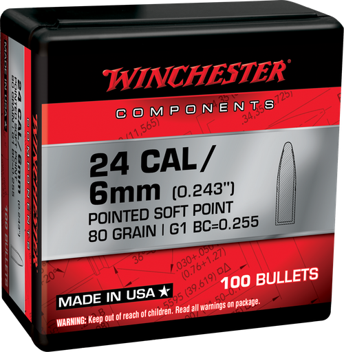 Winchester Reloading 243 Win .243 80gr, Pointed Soft Point (PSP) 100 Per Box, NOT AMMO THESE ARE RELOADING BULLETS