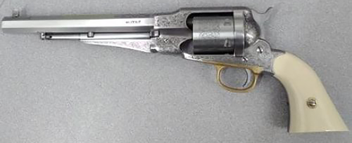 Taylors 1858 Remington Conversion 45 Colt Caliber with 8" Barrel, 6rd Capacity Cylinder, Overall Nickel-Plated Engraved Finish Steel & 2-Piece Ivory Grip