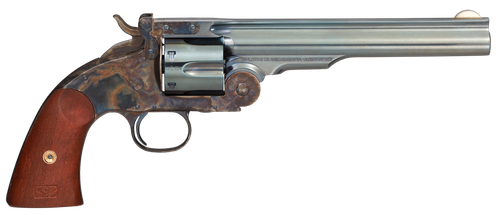 Taylors Schofield Top Break 44-40 Win Caliber with 7" Charcoal Blued Barrel, 6rd Capacity Charcoal Blued Cylinder, Color Case Hardened Finish Steel Frame & Walnut Grip