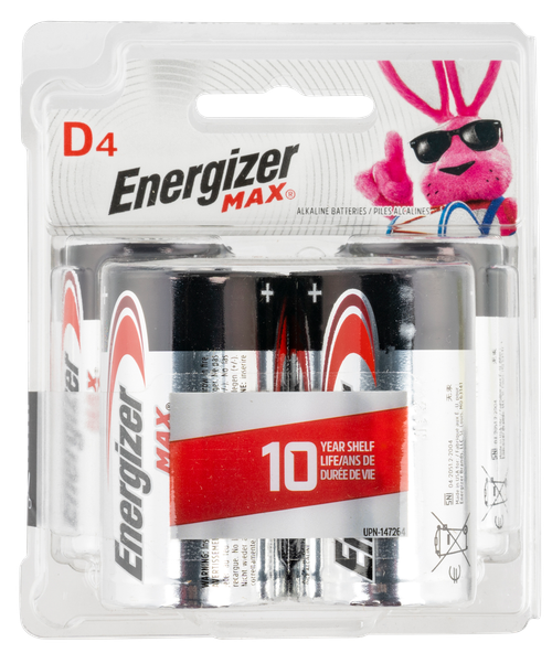 Energizer MAX D Batteries Black & Silver Alkaline 1.5 Volt, Qty (4) Single Pack