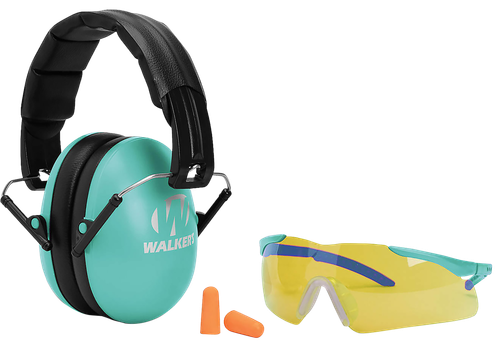 Walker's Folding Muff Combo Kit 23 dB Over the Head Polymer Teal Ear Cups with Black Headband Youth, Women with Glasses & 31dB Foam Ear Plugs