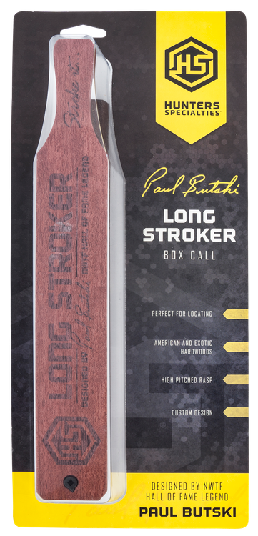 Hunters Specialties Butski Long Stroker Box Call Wild Turkey High Pitched Rasp Brown Walnut/Purple Heart Hand Call