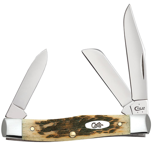 Case Stockman Medium 2.57"/1.88"/1.76" Folding Clip/Sheepsfoot/Pen Plain Mirror Polished Chrome Vanadium Steel Blade/Peach Seed Jigged Amber Bone Handle