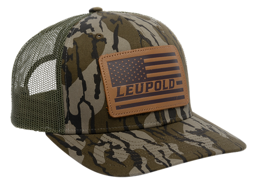 Leupold Leather Flag Trucker Hat Green/Bottomland Camo Adjustable Snapback OSFA Semi-Structured