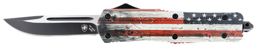 Templar Knife Gen II Wood US Flag Large 3.50" OTF Drop Point Plain Black Oxide Stonewashed 440C SS Blade, 5.25" Painted Wood Grain US Flag Aluminum Handle, Glass Breaker