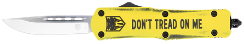 CobraTec Knives MDTOMFS-3DNS Don't Tread on Me Medium 3" OTF Drop Point Plain D2 Steel Blade/Yellow "Don't Tread On Me" Cerakoted Aluminum Handle Features Glass Breaker Includes Pocket Clip