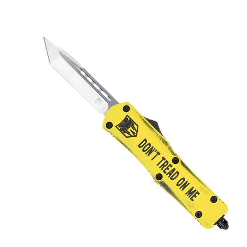 CobraTec Knives MDTOMFS-3TNS Don't Tread on Me Medium 3" OTF Tanto Plain D2 Steel Blade/Yellow "Don't Tread On Me" Cerakoted Aluminum Handle Features Glass Breaker Includes Pocket Clip