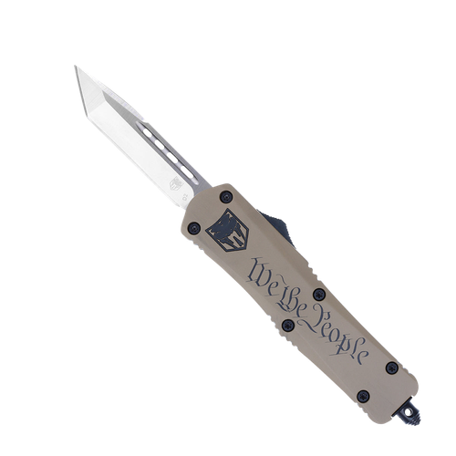 CobraTec Knives MWTPFS-3TNS We The People Medium 3" OTF Tanto Plain D2 Steel Blade/Tan "We The People" Cerakoted Aluminum Handle Features Glass Breaker Includes Pocket Clip