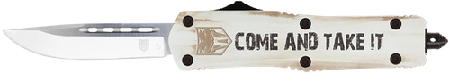 CobraTec Knives MCATIFS-3TNS Come And Take It 3" OTF Tanto Plain D2 Steel Blade/White "Come And Take It" Cerakoted Aluminum Handle Features Glass Breaker Includes Pocket Clip