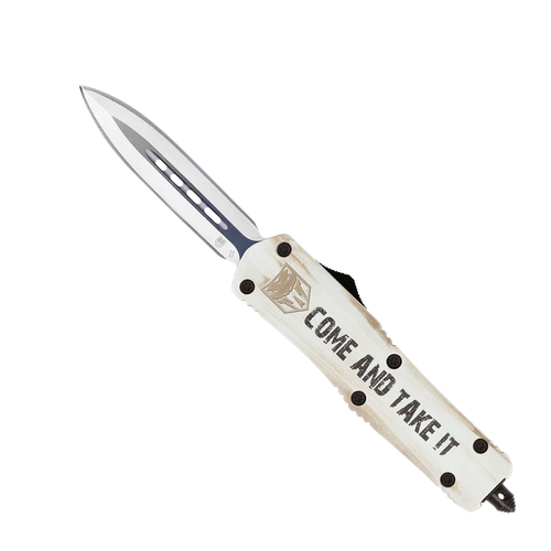 CobraTec Knives MCATIFS-3DAGNS Come And Take It 3" OTF Dagger Plain D2 Steel Blade/White "Come And Take It" Cerakoted Aluminum Handle Features Glass Breaker Includes Pocket Clip