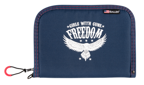 Girls With Guns Freedom made of Polyester with Navy Finish, White Letters & Picture, Lockable Zipper, Durable Lining & Foam Padding 10.50" L x 7.50" W x 1" H Interior Dimensions