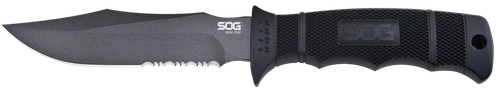 SOG Knives & Tools Seal Pup, Fixed Blade Knife, 4.75" Partially Serrated, Clip Point, Black Glass Rienforced Nylon Handle, AUS-8 Steel, Hardcased Finish, Black, Includes Kydex Sheath