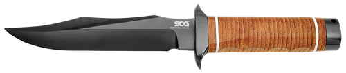 S.O.G Super SOG 7.50" Fixed Bowie Plain Black Hardcased TiCN AUS-8A SS Blade Brown Stacked Leather Washers Cross Guard Handle Includes Sheath
