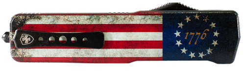 Templar Knife Premium Weighted Betsy Ross Flag Large 3.55" OTF Drop Point Plain Black Oxide Stonewashed D2 Steel Blade, 5.25" Betsy Ross Flag Aluminum Zinc Alloy Handle
