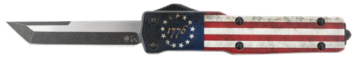 Templar Knife Premium Weighted Betsy Ross Flag Slim 3.16" OTF Tanto Plain Black Oxide Stonewashed D2 Steel Blade, 4.93" Betsy Ross Flag Aluminum Zinc Alloy Handle