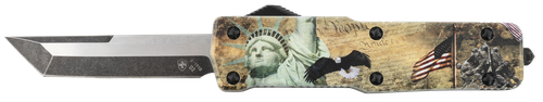 Templar Knife Premium Weighted Small 3" OTF Tanto Plain Black Oxide Stonewashed Powdered D2 Steel Blade/ 4.50" Gold Statue of Liberty/Flag/Eagle Aluminum Zinc Alloy Handle