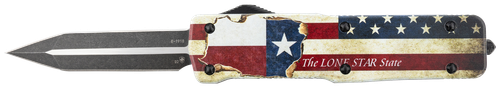 Templar Knife Premium Weighted Large 3.55" OTF Dagger Plain Black Oxide Stonewashed Powdered D2 Steel Blade/5.25" Red/White/Blue "The LONE STAR State" Aluminum Zinc Alloy Handle