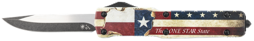 Templar Knife Premium Weighted Slim 3.16" OTF Drop Point Plain Black Oxide Stonewashed Powdered D2 Steel Blade/4.93" Red/White/Blue "The LONE STAR State" Aluminum Zinc Alloy Handle
