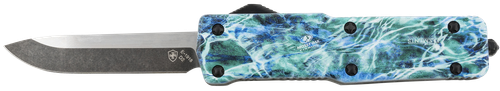 Templar Knife Premium Weighted Small 3" OTF Drop Point Plain Black Oxide Stonewashed Powdered D2 Steel Blade/4.50" Mossy Oak Seafoam Aluminum Zinc Alloy Handle