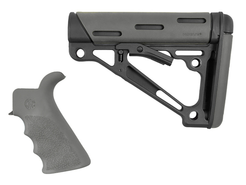 Hogue AR15 OverMolded Collapsible Buttstock Black Synthetic & Slate Gray OverMolded Rubber Stock Slate Gray Rubber Finger Grooved Grip, Mil-Spec Buffer Tube (Tube Not Included)