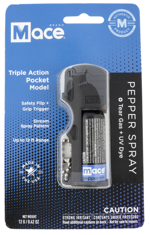 Mace Triple Action Pocket Pepper Spray/Tear Gas/UV Dye 15 Bursts Range 10 ft Black Includes Built in Keychain