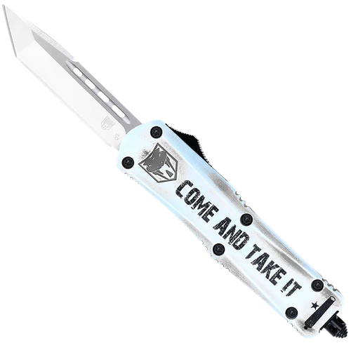 CobraTec Knives FS-3 Come And Take It Small 3" OTF Tanto Plain D2 Steel Blade 4.50" White "Come And Take It" Aluminum Cerakoted Handle Includes Glass Breaker/Pocket Clip
