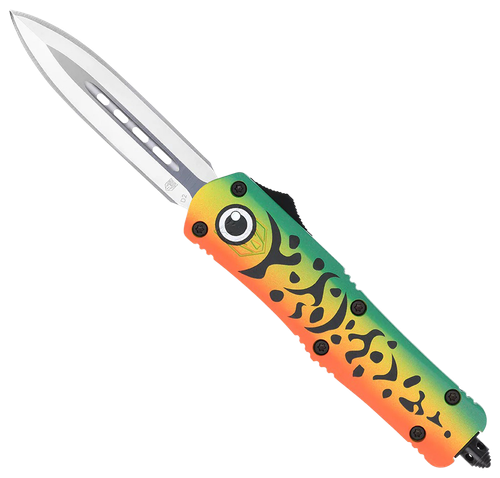 CobraTec Knives FS-3 Fishing Lure Medium, 3" OTF Dagger Plain D2 Steel Blade, 4.50" Green Fishing Lure Aluminum Cerakoted Handle, Includes Glass Breaker/Pocket Clip