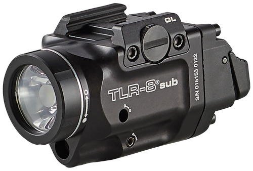 Streamlight TLR-8 Sub, White LED with Red Laser, Fits Glock 43x/48 MOS, 500 Lumens, Anodized Finish, Black, Includes (1) CR123a Battery, Low and High Switches