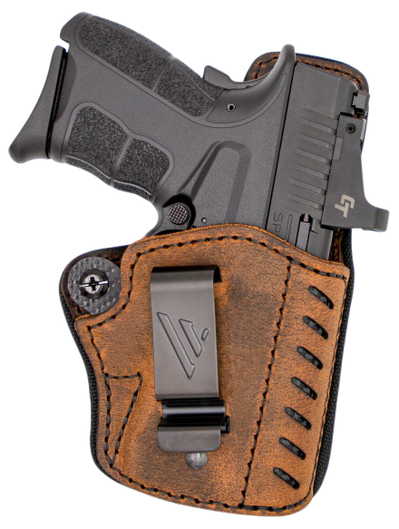 Versacarry Comfort Flex Deluxe, Inside Waistband Holster, Fits Most Double Stacked Semi-Automatic Pistols, Distressed Brown Color, Water Buffalo Leather and Kydex, Right Hand