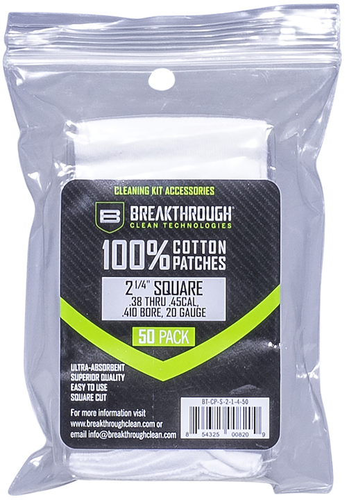 Breakthrough Clean BTCPS21/450 Square Cleaning Patches 100% Cotton 50 Pack For .38-.45 Caliber & .410-20 Gauge