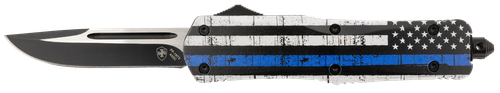 Templar Knife Gen II Back The Blue Large 3.50" OTF Drop Point Plain Black Oxide Stonewashed 440C SS Blade, 5.25" Black & White Blue Line Aluminum Handle, Glass Breaker