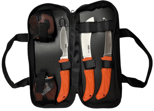 AccuSharp Processing Kit Fixed Butcher/Caping/Gutting Plain Stainless Steel Blades/Blaze Orange Non-Slip Grip 6 Piece Includes Nylon Case