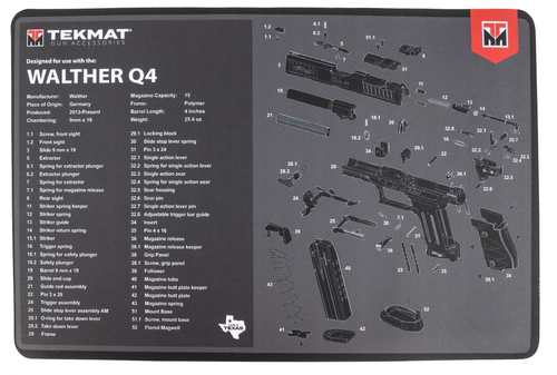 TekMat Walther Q4 SF Cleaning Mat Black/Gray Rubber 11"x17" Walther Q4 Parts Diagram