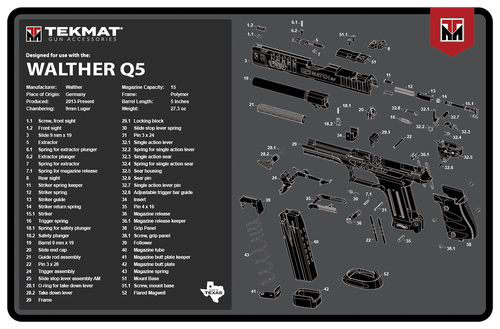 TekMat Walther Q5 SF Cleaning Mat Black/Gray Rubber 11"x17" Walther Q5 Parts Diagram