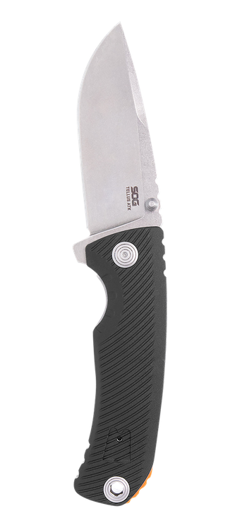 SOG Knives & Tools Tellus ATK, Folding Knife, 3.5" Clip Point Straight Edge, Glass Reinforced Nylon Handle, Cryo 440C, Stonewash Finish, Black and Silver Orange Accent