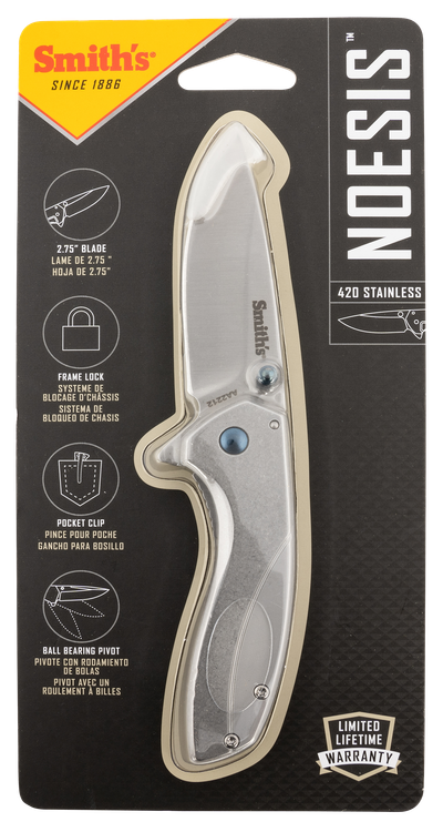 Smiths Products Noesis 2.75" Folding Drop Point Plain Satin 400 SS Blade/Bead Blasted Stainless Steel Handle Includes Pocket Clip