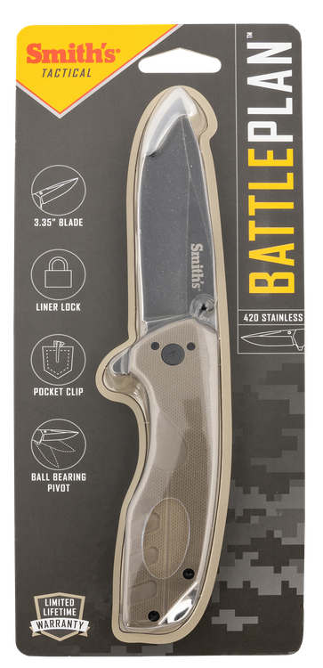 Smiths Products BattlePlan 3.35" Folding Drop Point Plain Black Stonewashed 400 SS Blade/ Desert Tan G10 Handle Includes Pocket Clip