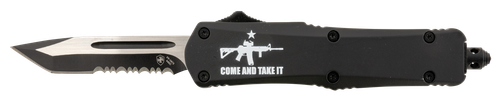 Templar Knife Gen II Come And Take It Small 2.69" OTF Tanto Part Serrated Black Oxide 440C SS Blade, 4.31" Black "Come And Take It" Cannon Aluminum Handle, Glass Breaker