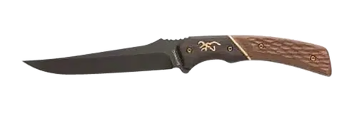 Browning Hunter Trail Knife 4.50" Fixed Trailing Drop Point Blade, Black Stonewashed 440C Stainless, Two-Toned Jigged Wood Handle Bronze Accents, Includes Leather Sheath