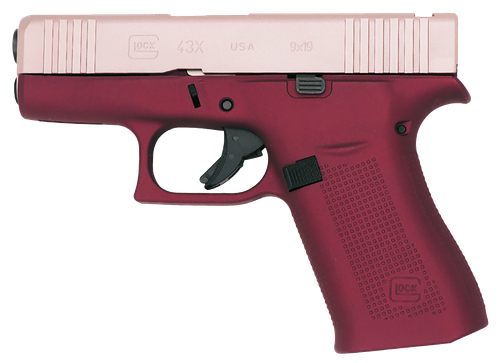 Glock 43X MOS Sub-Compact 9mm 10rd,3.41" Black GMB Barre Pink Cerakote MOS Cut/Serrated Steel Slid Happy Hour Cerakote Polymer Frame Beavertail & Picatinny Rail Ambidextrous