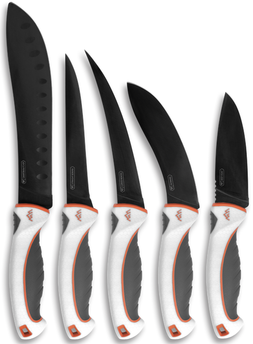 Outdoor Edge ErgoMax, Fixed Blade Knife Set, Plain Edge, 5Cr13MoV Blade, White and Orange Handles, Titanium Coated Blades, Kit includes 5 Knives and Sharpener