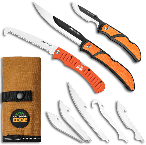 Outdoor Edge Razorguide Pak, Folding Knife Set, Black Oxide Finish, 420J2 Stainless, Orange Handle, Includes (1) Razorbone with 5 Blades, (1) Razorcape with 2 Blades, and (1) Flip N Zip Saw
