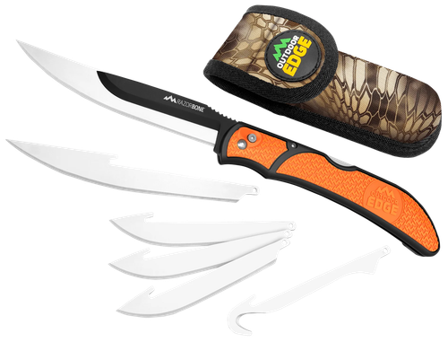 Outdoor Edge Razorwork, Folding Knife, Plain Edge, Black Oxide Finish, 420J2 Stainless, Orange Handle, Includes (2) Boning/Filet Knives, (3) Drop-Point Blades, and (1) Gutting Blade