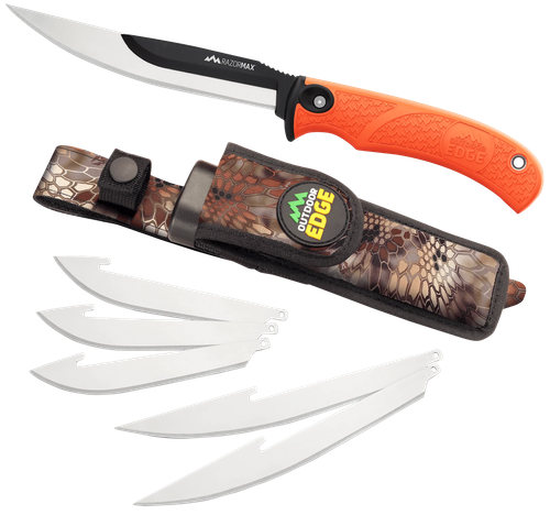 Outdoor Edge Razormax, Fixed Blade Knife, Plain Edge, Black Oxide Finish, 420J2 Stainless, Orange Handle, Includes (3) Drop Point Blades, (3) Boning/Fillet Blade and Nylon Sheath