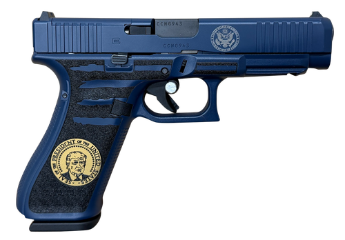 Glock 45 Gen5 MOS MAGA 47th Commemorative 9mm 17rd 4.02" Black GMB Barrel, MOS Cut/Serrated Slide, Blue, Engraved, Picatinny Rail