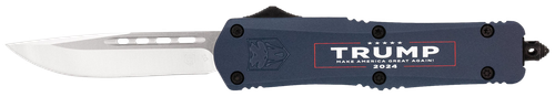 CobraTec Knives FS-3 Trump 2024 Medium OTF Drop Point Plain Satin D2 Steel Blade, 4.50" Blue Trump, Make America Great Again Aluminum Cerakoted Handle