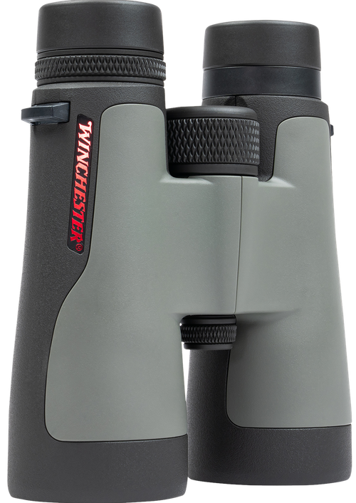 Winchester Supreme Optics Supreme Binocular, 12X Magnification, 50mm Objective, Matte Finish, Black and Gray, Includes Lens Covers, Cleaning Cloth, Chest Harness, and Padded Case