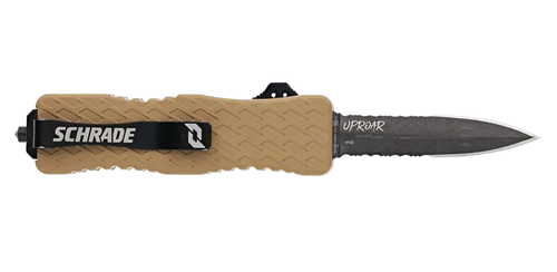 Schrade Uproar Automatic 3" OTF Dagger Part Serrated Black Oxide D2 Steel Blade, Flat Dark Earth Textured Aluminum Handle